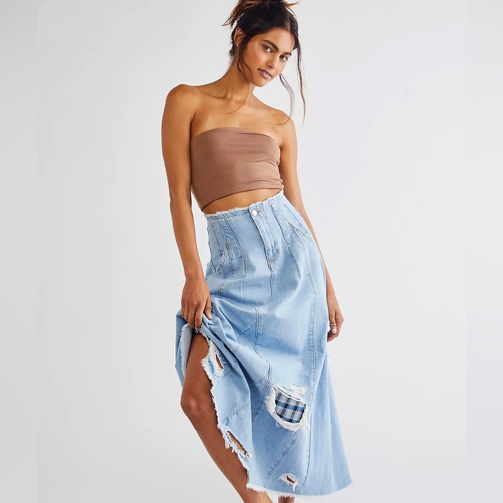Free People Denim Maxi Midi Skirt